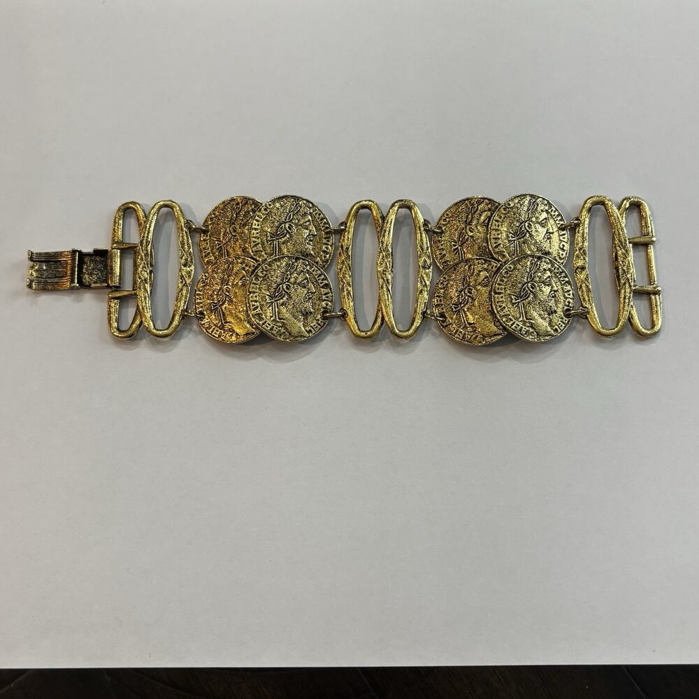 Vtg MCM Art Signed Coin Link Bracelet Gold-tone Arthur Pepper Greek Revival